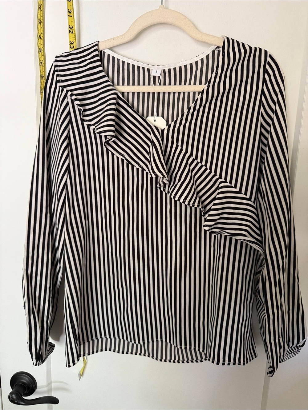 Black and White Striped Ruffle V-Neck Blouse